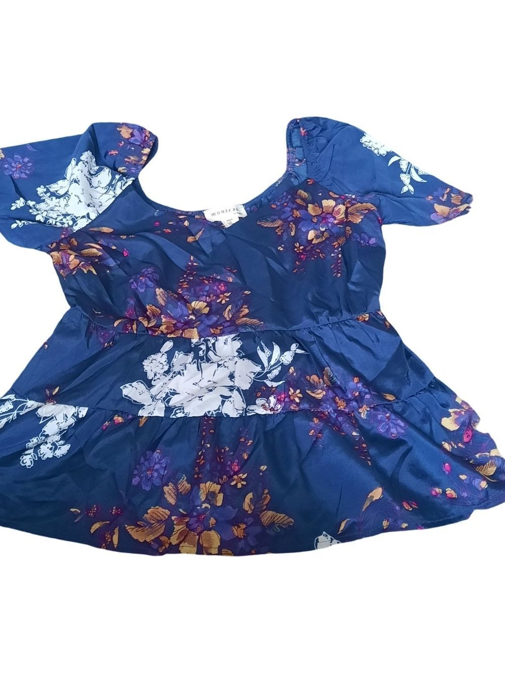 Monteau Blue Floral Puff Sleeve Tiered Blouse